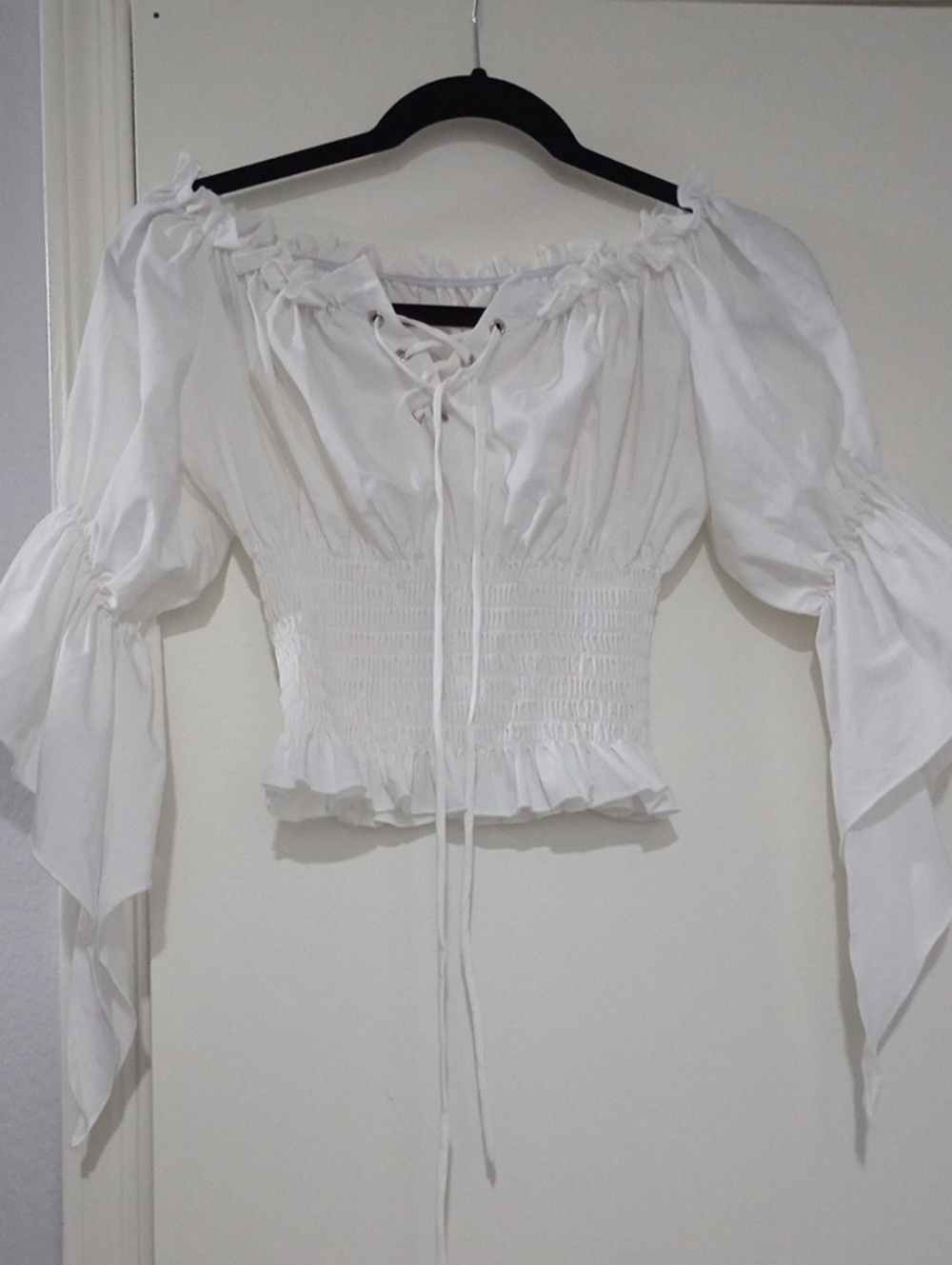 White Off-Shoulder Smocked Peasant Top